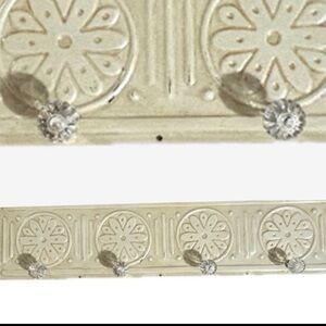 Vintage Style Embossed Antique White Metal Wall Rack Glass Knob Hangers. 24”